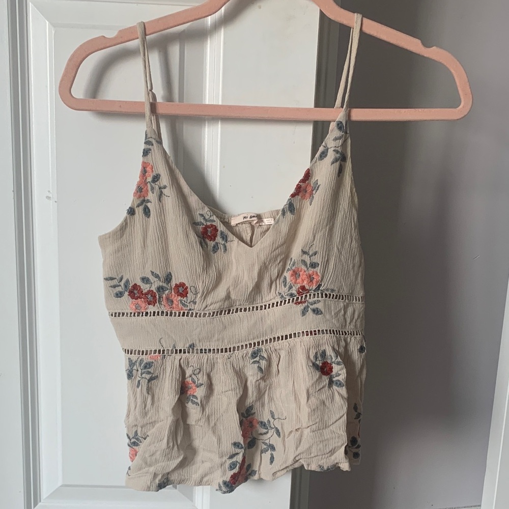 Floral Embroidered Cream Spaghetti Strap Peplum Top